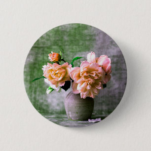Coral Flowers in Grey Vase Pink Orange 6 Cm Round Badge