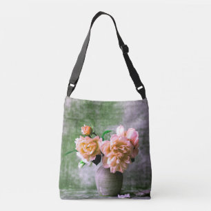 Coral Flowers in Grey Vase Pink Orange Crossbody Bag