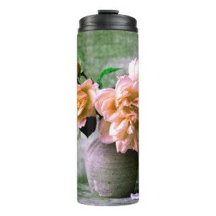 Coral Flowers in Grey Vase Pink Orange Thermal Tumbler