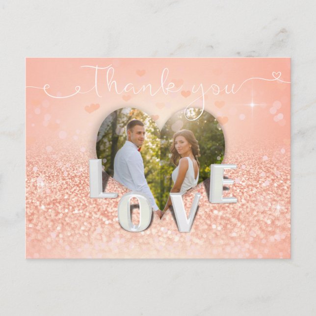 Coral Folded Heart Photo Wedding - Thank You Card (Front)