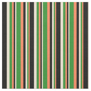 Coral, Forest Green, Beige & Black Stripes Fabric
