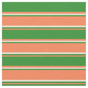 Coral, Forest Green & Beige Stripes Fabric