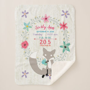 Coral Fox Baby Girl Stats Watercolor Wreath Sherpa Blanket