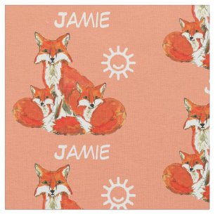 Coral Fox Family Pattern Personalised Name Fabric