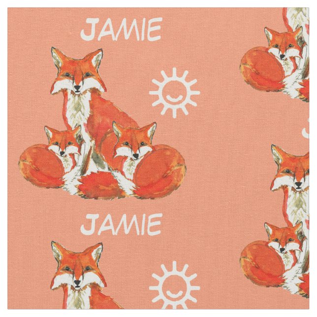Coral Fox Family Pattern Personalised Name Fabric (Close Up)