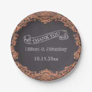 Coral frame and chalkboard wedding Thank You Paper Plate