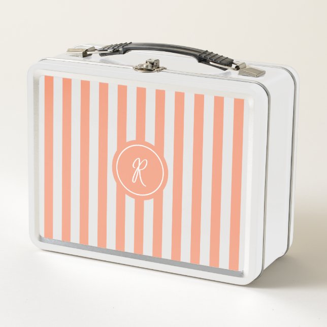 Coral French Beach Stripe Personalised Monogram Metal Lunch Box (Front)