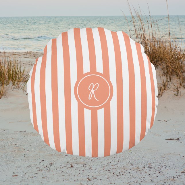 Coral French Beach Stripe Personalised Monogram Round Cushion (Creator Uploaded)
