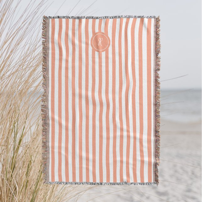 Coral French Beach Stripe Personalised Monogram Throw Blanket (Creator Uploaded)