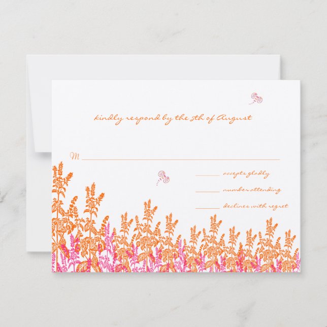 Coral & Fuchia Wild Flower Bee Wedding RSVP Card (Front)