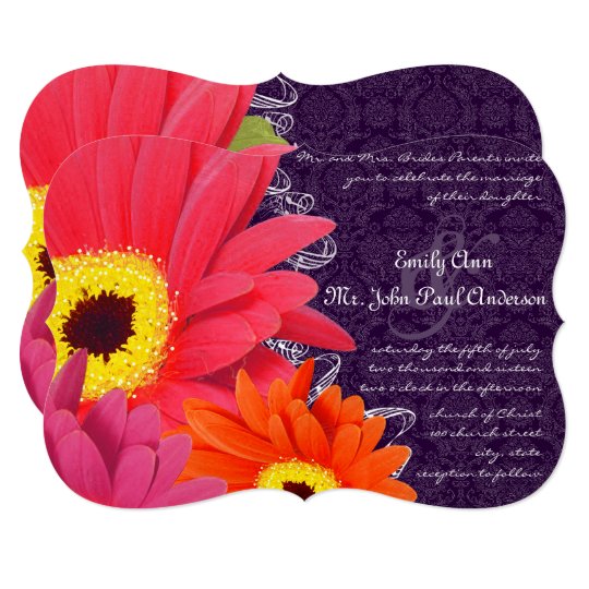 Coral Fuchsia Eggplant Gerber Daisy Wedding Card