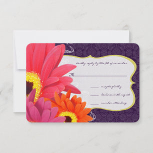 Coral Fuchsia Eggplant Gerber Daisy Wedding RSVP Card