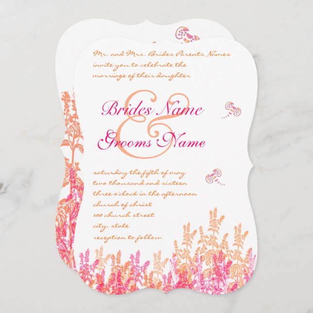 Coral & Fuchsia Flower Butterfly Wedding Invites (Front/Back)