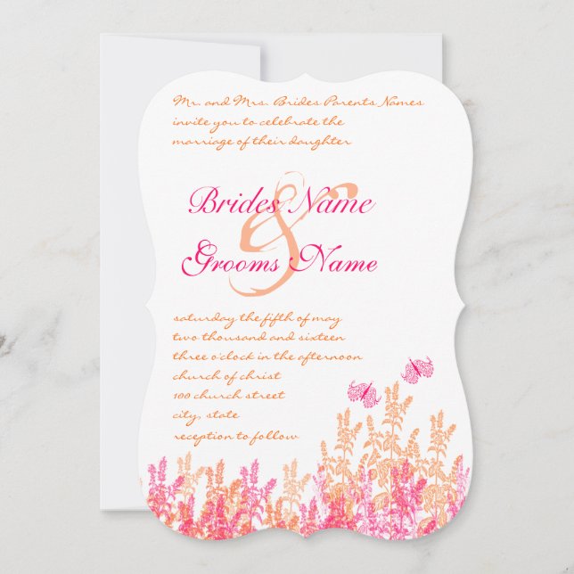 Coral & Fuchsia Flower Butterfly Wedding Invites (Front)