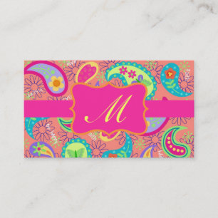 Coral Fuchsia Pink Modern Paisley Monogram Business Card