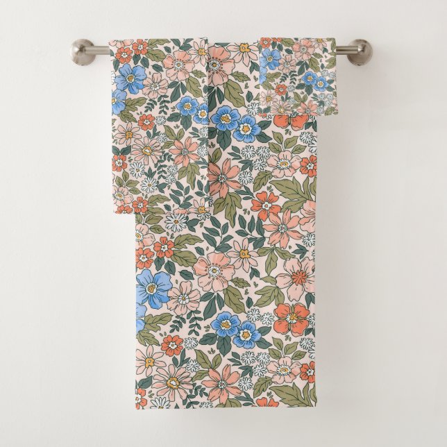 Coral Garden Flower Pattern Bath Towel Set (Insitu)