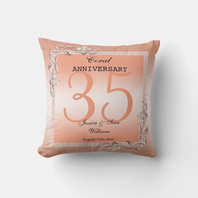  Coral Gem & Glitter 35th Wedding Anniversary  Cushion (Front)