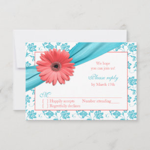 Coral Gerber Daisy Aqua Damask Floral Wedding RSVP