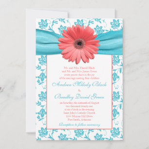 Coral Gerbera Daisy Aqua Floral Wedding Invitation