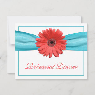 Coral Gerbera Daisy Aqua Ribbon Rehearsal Dinner Invitation