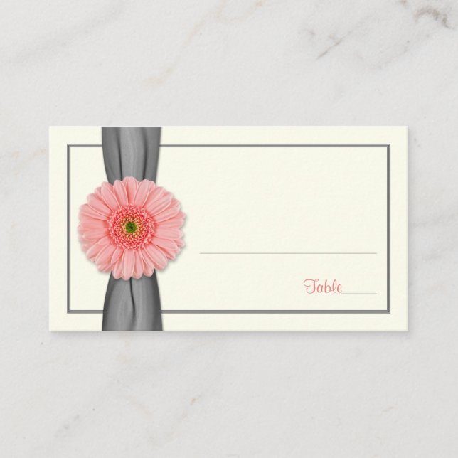 Coral Gerbera Daisy Grey Ribbon Wedding Place Card (Front)