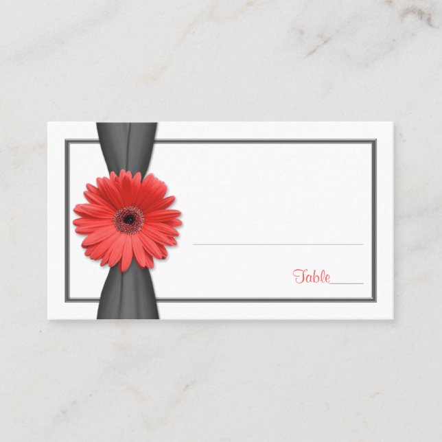 Coral Gerbera Daisy Grey Ribbon Wedding Place Card (Front)