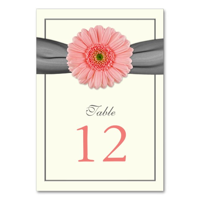 Coral Gerbera Daisy Grey Ribbon Wedding Table Number (Front)