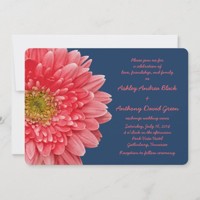 Coral Gerbera Daisy Navy Blue Wedding Invitation (Front)