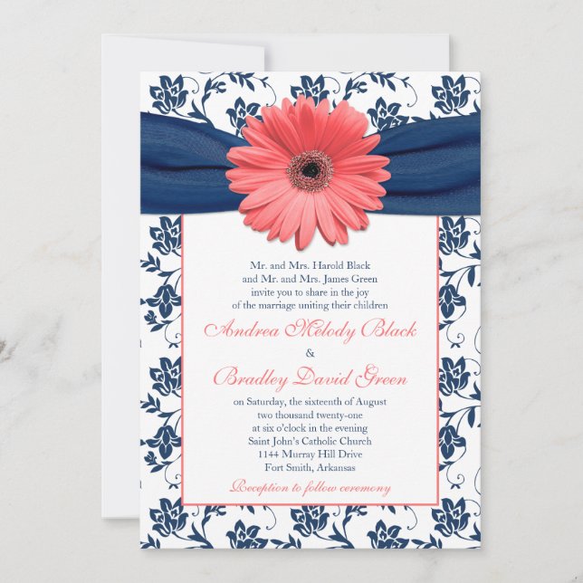Coral Gerbera Daisy Navy Floral Wedding Invitation (Front)
