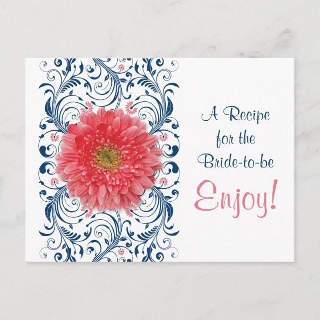 Coral Gerbera Daisy Navy Recipe Card Bridal Shower (Front)