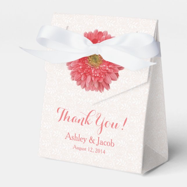 Coral Gerbera Daisy White Lace Wedding Thank You Favour Box (Front Side)
