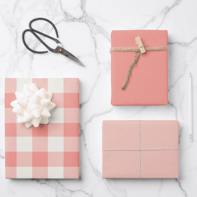 Coral Gingham Wrapping Paper Sheet (Front)