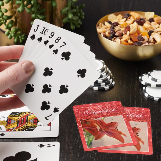 Coral Girly Glitter Sparkles Monogram Custom Photo Playing Cards (In Situ)