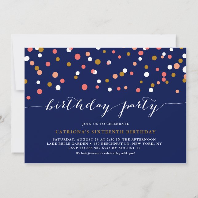 Coral & Gold Confetti Dots Blue Birthday Party Invitation (Front)