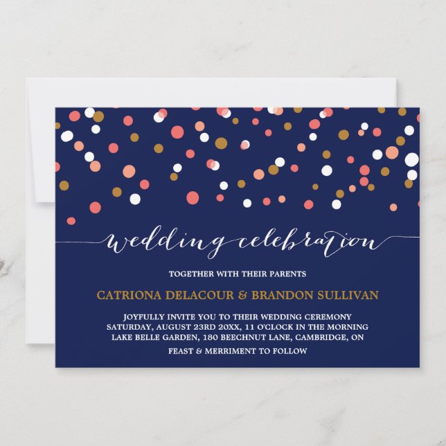 Coral & Gold Confetti Dots | Navy Wedding Invitation (Front)