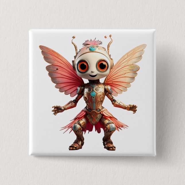 Coral Gold Cute Dancing Robot Pixie 15 Cm Square Badge (Front)