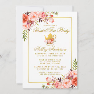Coral Gold Floral Bridal Shower Tea Party Invite