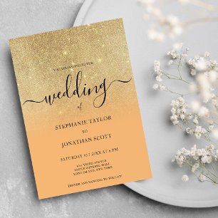 Coral gold glitter black script ombre wedding invitation