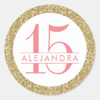Coral Gold Glitter Quince Años Favour Sticker Labe