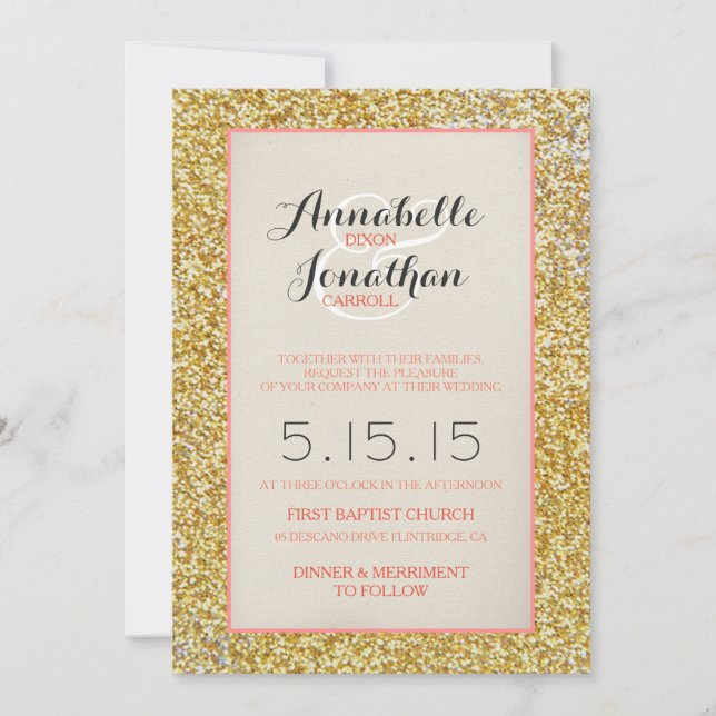 Coral Gold Glitter Wedding Announcement Invitation (Front)