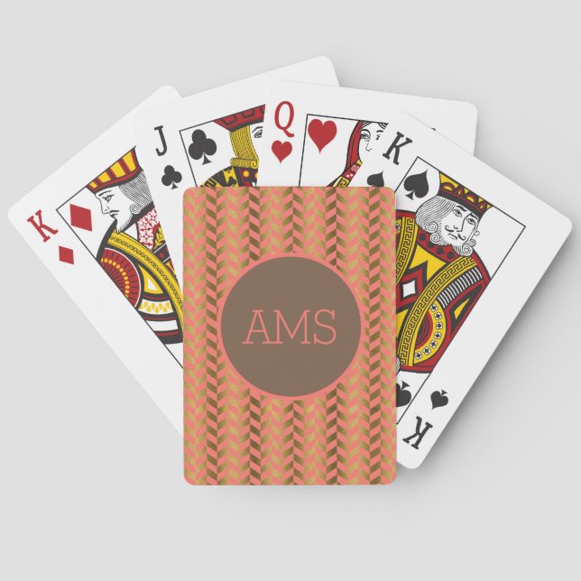 Coral Gold Herringbone Monogram Playing Cards (Back)