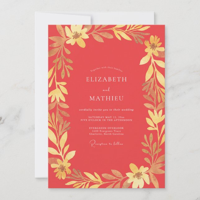 Coral Gold Leafy Wedding Invitation (Front)