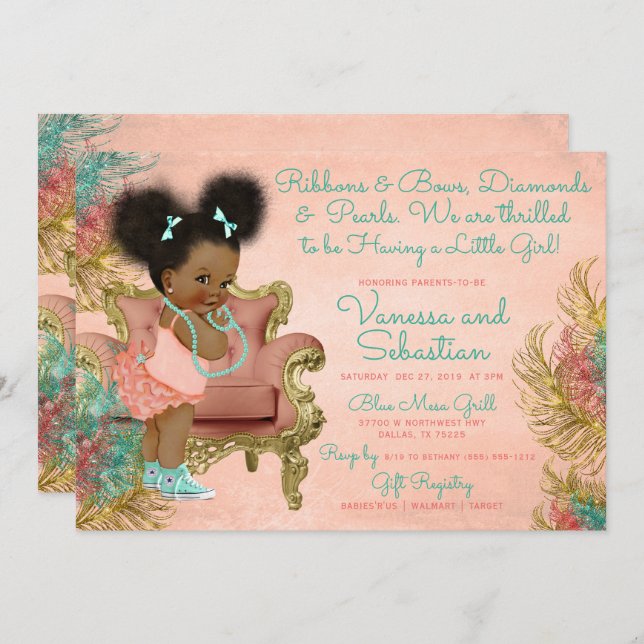 Coral Gold Mint Green Ribbons Bows Diamonds Pearl Invitation (Front/Back)