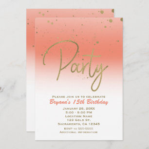 Coral & Gold Modern Glam Confetti Birthday Party Invitation