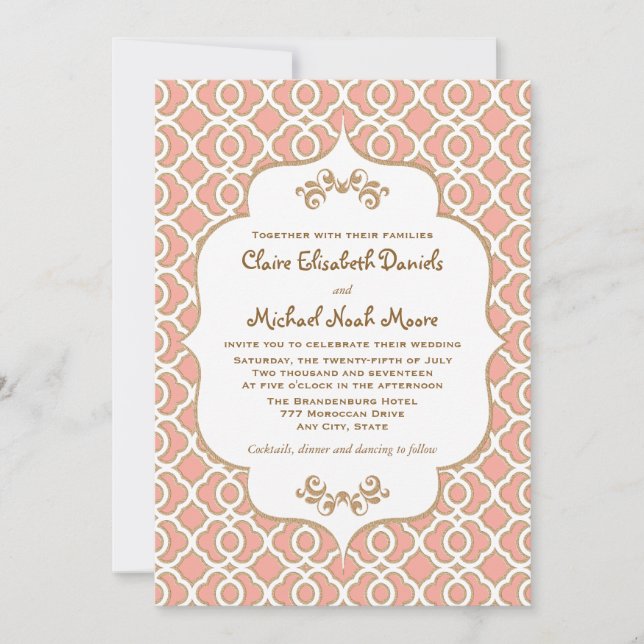 Coral Gold Moroccan Inspired Wedding Invitations (Front)