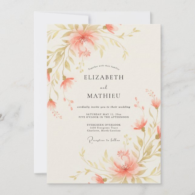 Coral Gold Painted Wedding Invitation (Front)