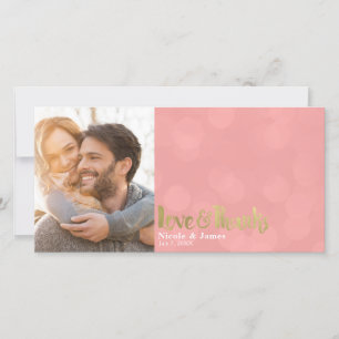 Coral Gold Wedding Photo Love & Thanks Thank You Card