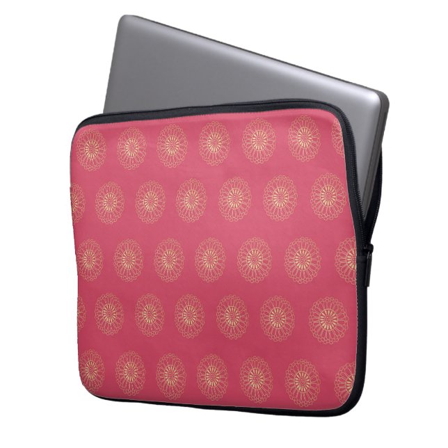 Coral | Golden Zinnia Flower Medallions Laptop Sleeve (Front Left)