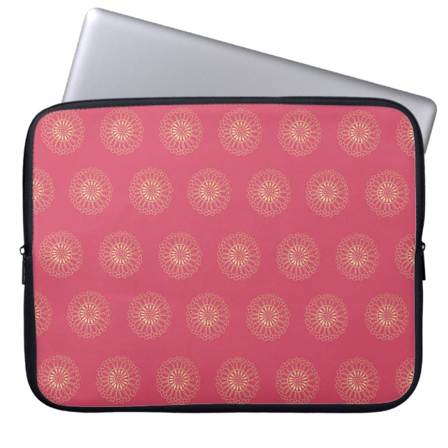 Coral | Golden Zinnia Flower Medallions Laptop Sleeve (Front)
