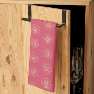 Coral Golden Zinnia Flower Medallions Tea Towel